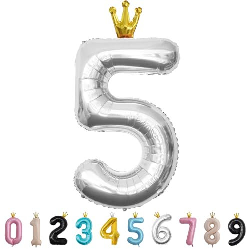 Luftballon Zahl 5 Silber, 101cm Riesen Zahlenballon Nummer 0 1 2 3 4 5 6 7 8 9 10 16 18 21 30 40 50 60 70 80 90 100, 40 Groß Folienballons für Hochzeit Jubiläum, Geburtstagsballons Party Dekoration