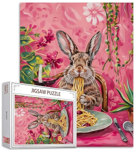 Lustige Tiere Jigsaw Puzzles für Erwachsene,1000 Teile,Niedliche Hasen Essbilder (Wein Pasta) Rosa Kunst Puzzle,Geburtstagsgeschenke,Multicolor DIY Puzzles für Familie Dekor, Perfekt für Spiele Abende