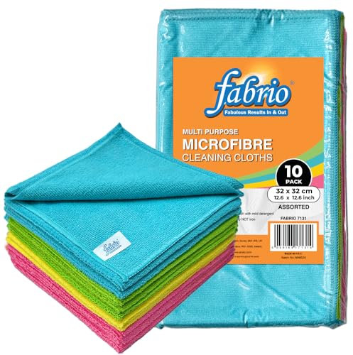 FABRIO Microfibre Cleaning Cloths – Pack of 10, 32x32cm, Ultra-Soft, Lint-Free, Super Absorbent Towels for Kitchen, Car, Glass, and Multi-Surface Cleaning – Assorted Colours