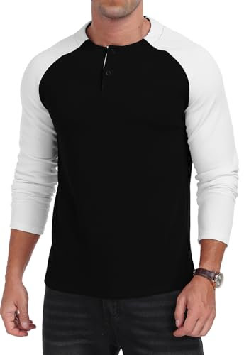 MLANM Men's Henley Shirts Top Casual Fashion Slim Fit T-Shirt Round Neck Long Sleeve Button Up Top Mens Long Sleeve T Shirt Collarless Shirts, Black+White XL