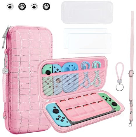 JYPS 10 in1 Tasche für Nintendo Switch OLED, Neue Krokodil Textur Harter Hülle Case, Tragbare Schutz Switch Tragetasche, Reisetasche Schutzhülle für Konsole & Zubehör für Mädchen Geschenk (Rosa)