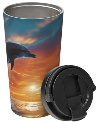 Insulated Coffee Mug with Handle Stainless Steel Coffee Tumbler Vacuum Leak-Proof Travel Mug Reusable Car Cup Dolphins and Palm Trees Coffee Cups for Travel Office 500 ML