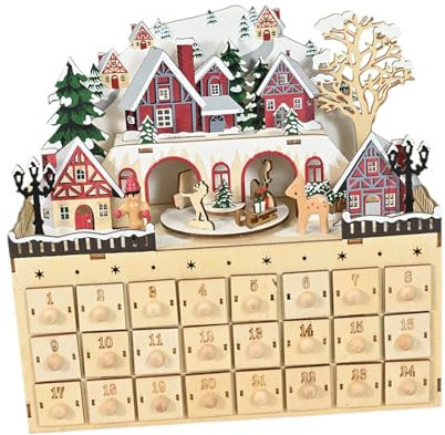 harayaa Adventskalender aus Holz zum Befüllen, 24 Schubladen Wiederverwendbarer DIY Weihnachtskalender, Weiße Weihnachten Schneehaus mit LED Beleuchtung Weihnachten Dekoration Rentier Szene, Weiß