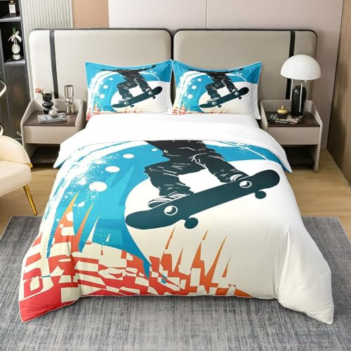 Skateboard 100% Baumwolle Bettbezug 135x200 für Jungen Mädchen,Graffiti Skateboarding Mann Bettwäsche Set für Kinder,Sport Liebhaber Skater Bettbezug,Sport Spiel Bett Set,für Schlafzimmer