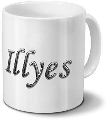 printplanet Tasse mit Namen Illyes - Motiv Chrom-Schriftzug - Namenstasse, Kaffeebecher, Mug, Becher, Kaffeetasse - Farbe Weiß