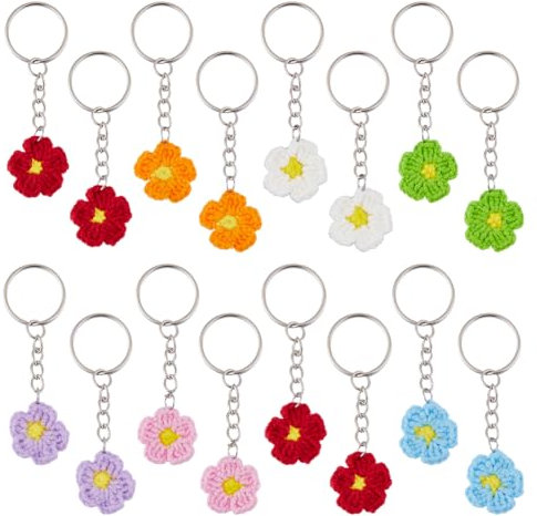 SUPERFINDINGS 16Pcs Porte-clés Marguerite en 8 Couleurs - Fleur au Crochet Fait Main Charms avec Pendentif Suspendu pour Sacs à Main, Voiture, DIY Ornament