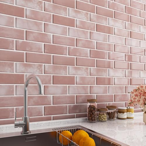 LaCheery 18 Pezzo Piastrelle Adesive Cucina Rosa 3D Effetto Mattone Adesivi per Piastrelle Bagno Rosa 30.5cm x 30.5cm Mattonelle Adesive per Cucina Bagno Muro Impermeabile Vinile Autoadesive