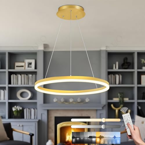 YYUTLUO Moderner DIY-Kreis-LED-Kronleuchter, 1 Golden Ring, ∅60cm=29W, H150cm Höhe Verstellbar, Metall+Acryl, Dimmbare Fernbedienung, Runde Hängelampe, Wohnzimmer Schlafzimmer Restaurant Büro