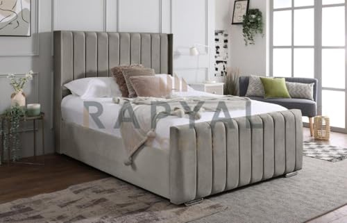 Rapyal Sleep Ottoman Storage Bed Panel Silver Plush Velvet Upholstered Bed Frame - Winged Vegas Headboard (4ft6, No Ottoman, With Mattress)