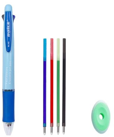 Stylos à bille effaçables MROOFUL, 4 en 1 multicolores, 4 couleurs rétractables, stylos à encre multicolore de 0,5 mm pour le bureau, fournitures scolaires, étudiants, enfants, cadeau (Bleu Macaron)