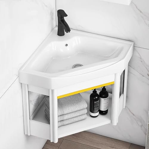 LLZJDDPLY Eckwaschbecken mit unterschrank, Badezimmerschrank Set, mit Warm- und Kaltwasserhähnen und Abflussrohren, Badmöbel Set for kleine bäder(38cm/15in)