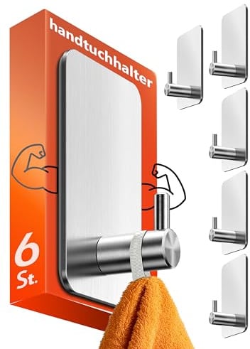 Menz Handtuchhalter ohne Bohren, Haken, 6 Stück, Silber | Klebehaken extra stark, wasserfeste Wandhaken Selbstklebend, haken selbstklebend, Handtuchhaken für Bad, Toilette, Küche
