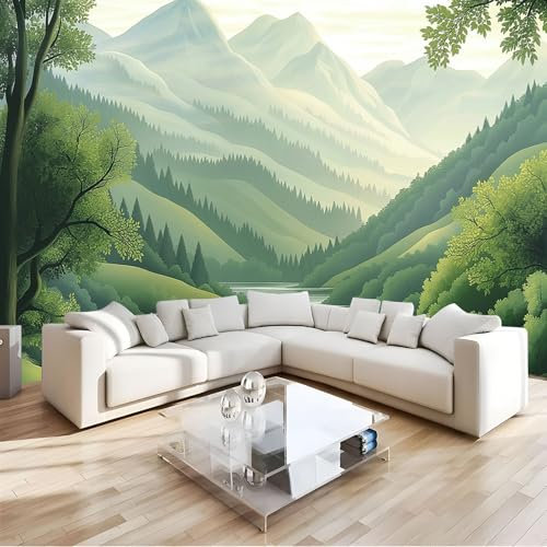 DLERFLOVR Papier Peint Panoramique Collines Vertes 350x250cm Décoration Murale Paysage De Montagne Tapisserie Décorative pour Chambre Salon Bureau Couloir