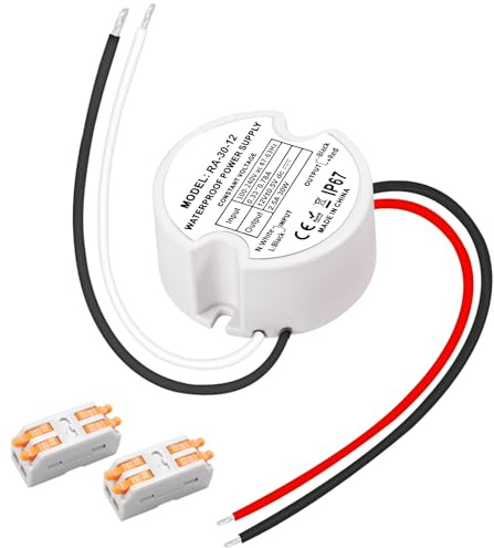 MujHoJm Pilote LED étanche IP67 30 W, alimentation LED 12 V 2,5 A, transformateur rond 120 V à 12 V pour éclairage LED intérieur et extérieur
