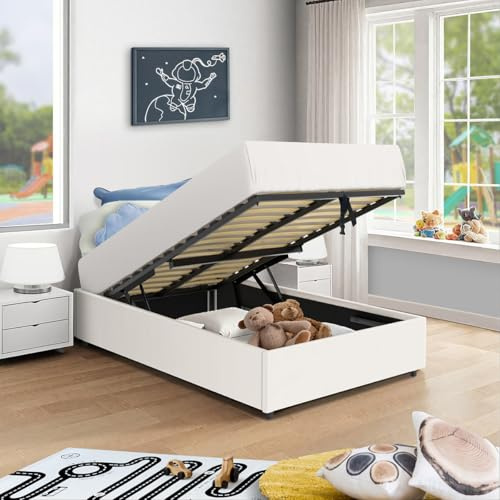 SENHO Bett mit Bettkasten, Plattform – Liegefläche 90 x 190 cm – Polyurethan weiß – Lattenrost inklusive – Lanze