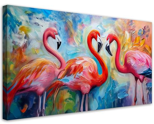 Feeby Leinwand Bilder - Bild Wohnzimmer - Flamingos Vögel Tiere Abstrakt Bunt. - 120x60 1tlg - Deko Schlafzimmer Groß - Dekoration Canvas - Gemälde - Modern Wandbilder - Kunstdruck
