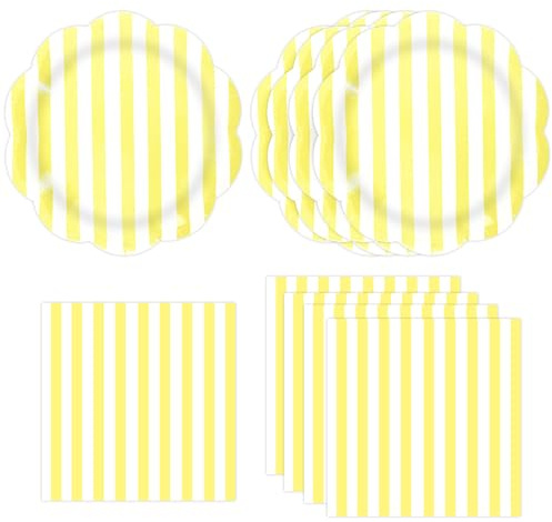 50PCS Yellow and White Striped Paper Plates and Napkins Party Supplies, Scalloped Party Plates Serviettes Tableware Set for Picnic Happy Birthday Wedding Decoration (Yellow)