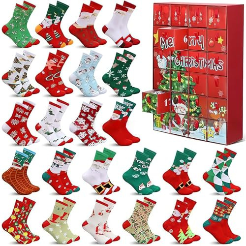 Weihnachten Socken Adventskalender 2025,24 Paar Funny Socken Weihnachts Countdown Kalender für Männer und Frauen,24 Tage Countdown-Kalender S-ocken für Erwachsene Teenager (B)