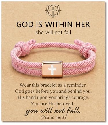HGDEER Cross Bracelet for Kids Girls, Baptism Easter Christian Gifts Tween | Rose Gold Cross Charm on Rope Band, Adjustable 6-13 in from Little Wrists to Teens, Psalm Verse Card & Velvet Gift Pouch
