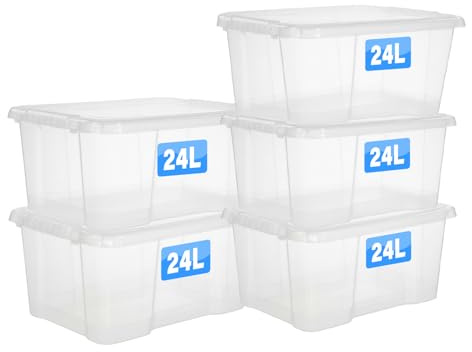 FINE STAR Set of 5 Crystal Clear Plastic Storage Box Boxes With Lids UK BRITISH MADE Home Office Stackable Nestable Shoe Boxes (24 LITRE)