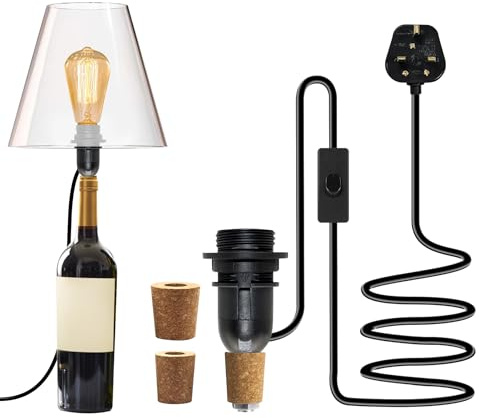 ZRLXFM DIY Bottle Table Lamp, Black Half-Thread Upcycling Light Set with Switch, E14 Bulb Base for DIY Lampshade, 240cm Plug-in Cable with 3 Sizes of Stoppers Fittings