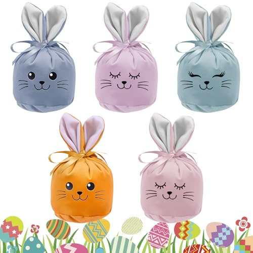 Easter Bag Pack of 5 Velvet Bags with Ears, 5 Stück Osterbeutel Stoff, Samt Ostertüten zum Befüllen mit Hasenohren und Ausdruck, Osterhasen Geschenktüten Ostern für Ostereier und Süßigkeiten