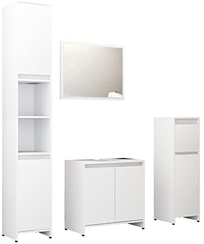 Mhdvray 4-TLG. Badmöbel Set Weiß Holzwerkstoff Hochschrank Mittelschrank Waschbeckenunterschrank Spiegel 60 x 45 cm Modernes Design Platzsparendes Badezimmer Regal für kleine Bäder