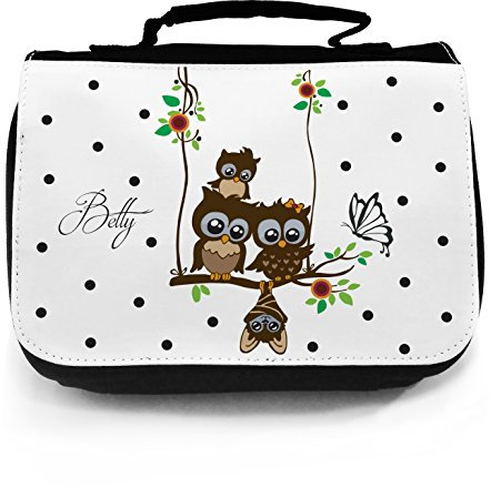 Waschtasche Waschbeutel Kulturbeutel Kosmetiktasche Reisewaschtasche cosmeticbag Eulen Eulchen Eulenfamilie mit Schmetterling Punkten Blumen und Name Wunschname wt013
