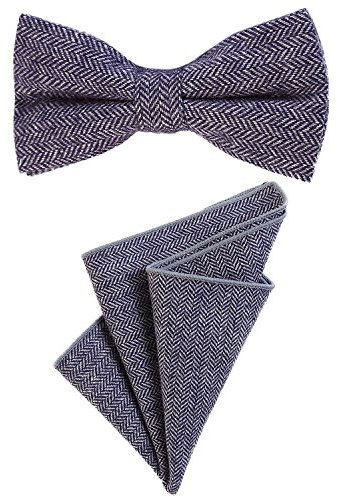 DonDon Herren Fliege 12 x 6 cm mit farblich passendem Einstecktuch 23 x 23 cm beides aus Baumwolle im Tweed Look blau kariert