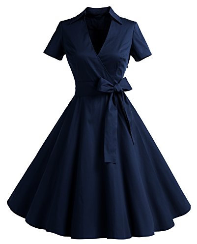 Timormode 1950s Dresses for Women Vintage Short Sleeves Swing Rockabilly Dress A line Cocktail Party Dresses TM10084Navy 2XL