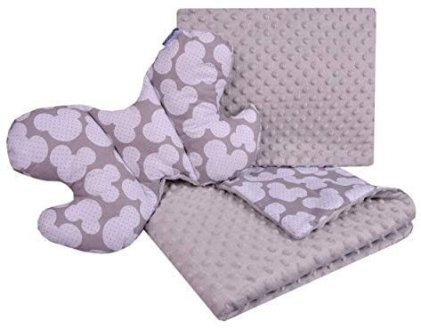 Medi Partners Babydecke Krabbeldecke Set 3in1 100% Baumwolle Minky Kinderdecke 55x75 + 35x30cm flaches Kissen und Anti-Schock-Kissen Schmetterling (Miki mit grauen Minky)