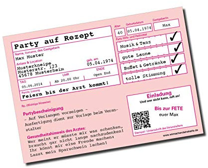 Einladung Einladungskarte Geburtstag (40 Stück) Rosa Rezept individuell