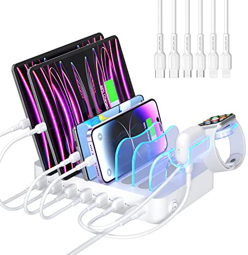 SooPii Station de Charge USB pour Plusieurs appareils, Station de Charge 6 Ports 50W avec 6 câbles et Support de Chargeur i-Watch amélioré Inclus,pour téléphones,tablettes et Plus Encore,Blanc