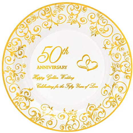 Crisky 50th Anniversary Gold Plates, Golden Wedding Anniversary Party Decorations Dessert, Buffet, Cake Disposable Plates, Celebrating for the Fifty Years of Love, 50 Count, 9 Plate