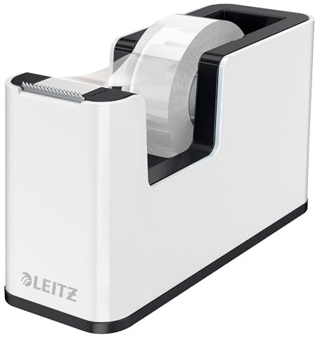 LEITZ WOW Dispenser per nastro adesivo Dual Color, Base Appesantita, Nastro adesivo da 10 mt incluso, Bianco/Nero, 53641095