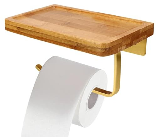 Porte Papier Toilette, Porte Papier Toilette avec Etagère en Bois,Support avec Plateau, Support Papier Toilette Mural avec Plateau Derouleur Papier Toilette Murale pour Toilettes, Salle de Bain, Doré