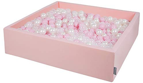 KiddyMoon Piscina De Bolas 120X30cm/200 Bolas El Cuadrado Grande para Ninos,Hecha En La UE, Rosa:Rosa Claro/Perla/Transparente