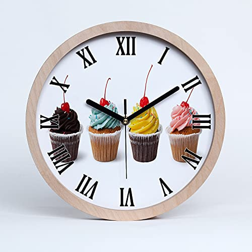 Tulup Holzuhr ⌀ 25cm Modern Runde Dekoration Uhr Holz Wanduhr Stille Uhren Schwarze Uhrzeiger - Cupcakes