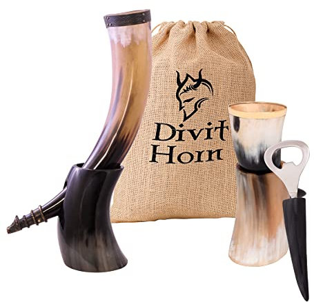 Divit Horn Genuine Viking Drinking Horn, Shot, Bottle Opener (3 Pc. Set) | Authentic Medieval Beer Tankard | Cup/Stein | Burlap Gift Sack Included (16 oz, Wolf, Polished)