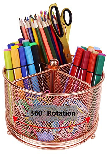 Flytreal Rose Gold Pen Holder for Desk, Mesh Rotating Desk Pencil Marker Organizer, Large Capacity Stationery Storage Office Supplies Organization, 4 Compartments for Women Kids Students Teachers
