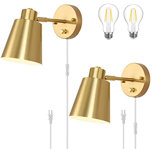 VATONI Plug in Wall Sconces, Dimmable Wall Sconces Adjustable Angle Wall Lights with Plug in Cord and Dimmer On/Off Knob Switch, Gold Wall Mounted Light for Bedroom Bedside Stairway(2 Pack, 2 Bulbs)
