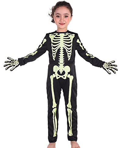 Skelett-Kostüm für Kinder, Kleinkinder, Halloween, leuchtet im Dunkeln, Skelett-Kostüm für Jungen und Mädchen, mit Handschuhen, 6T