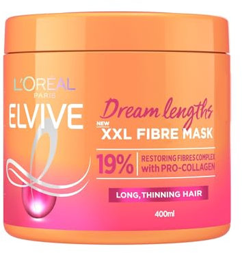 L'Oréal Paris Elvive XXL Fibre Mask for Long, Damaged, Thinning Hair, Restorative Treatment with Pro-Collagen, Dream Lengths, 400 ml