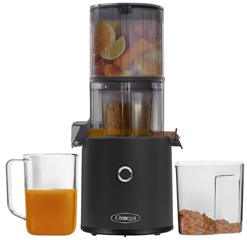 Omega JC2022BK11 Slow Masticating Cold Press Gemüse- und Obst-Extraktor, mühelose Serie für Chargenentsaften, mit extra großem Trichter für No-Prep, 1,9 l Fassungsvermögen, Kunststoff, Schwarz