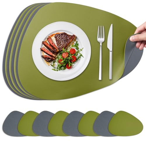 NOSTHEART Tischsets Abwaschbar 8er Set, Platzsets Abwischbar Tischsets Leder Rund Hitzebeständig rutschfest Platzdeckchen mit Untersetzer, Doppelseitigen - Grün Grau