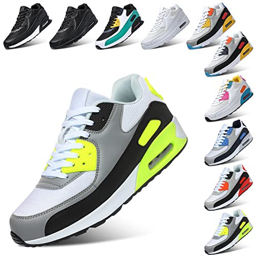 PADGENE Femme Homme Baskets Mode Chaussures Sport Course Sneakers Fitness Gym athlétique Multisports Outdoor Casual, Noir + Jaune, 43 EU