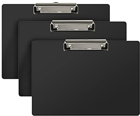 Acrimet Kunststoff-Klemmbrett im Querformat, Briefgröße A4, flacher Clip, 24,9 x 34,5 cm, Schwarz, 3 Stück