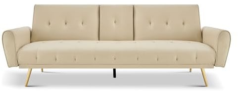 Bravich Lora Three Seater Sofa Bed - Cream. Faux Leather Sofa Bed With Cup Holder, Click Clack Mechanism. Recliner Couch To Double Bed. Space Saving Furniture For Living Room, Bedroom & Guest Room.