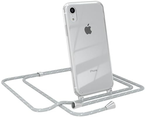 EAZY CASE - Handy Chain - kompatibel mit iPhone XR, Handykette Tasche transparent, Stoßfeste Soft Silikon TPU, Stylische Kette mit Hülle für Smartphone, Grau/Weiß mit Verschlüssen in Silber