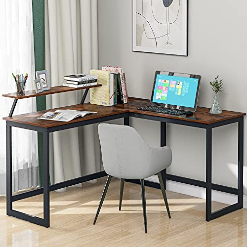 Merax Computer Desk | L-shaped Desk with Shelf | Multi-Functional PC Laptop Corner Desk | Spacious Wooden Office Desk for Office or Home | Brown